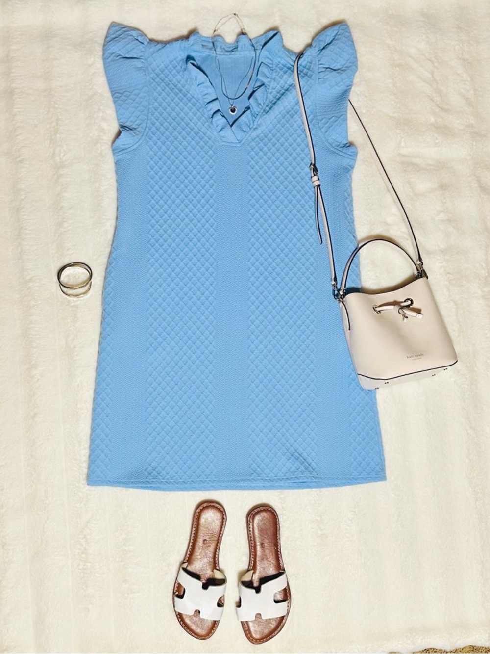 Light Blue Ruffle Sleeve Knit Dress - Women's